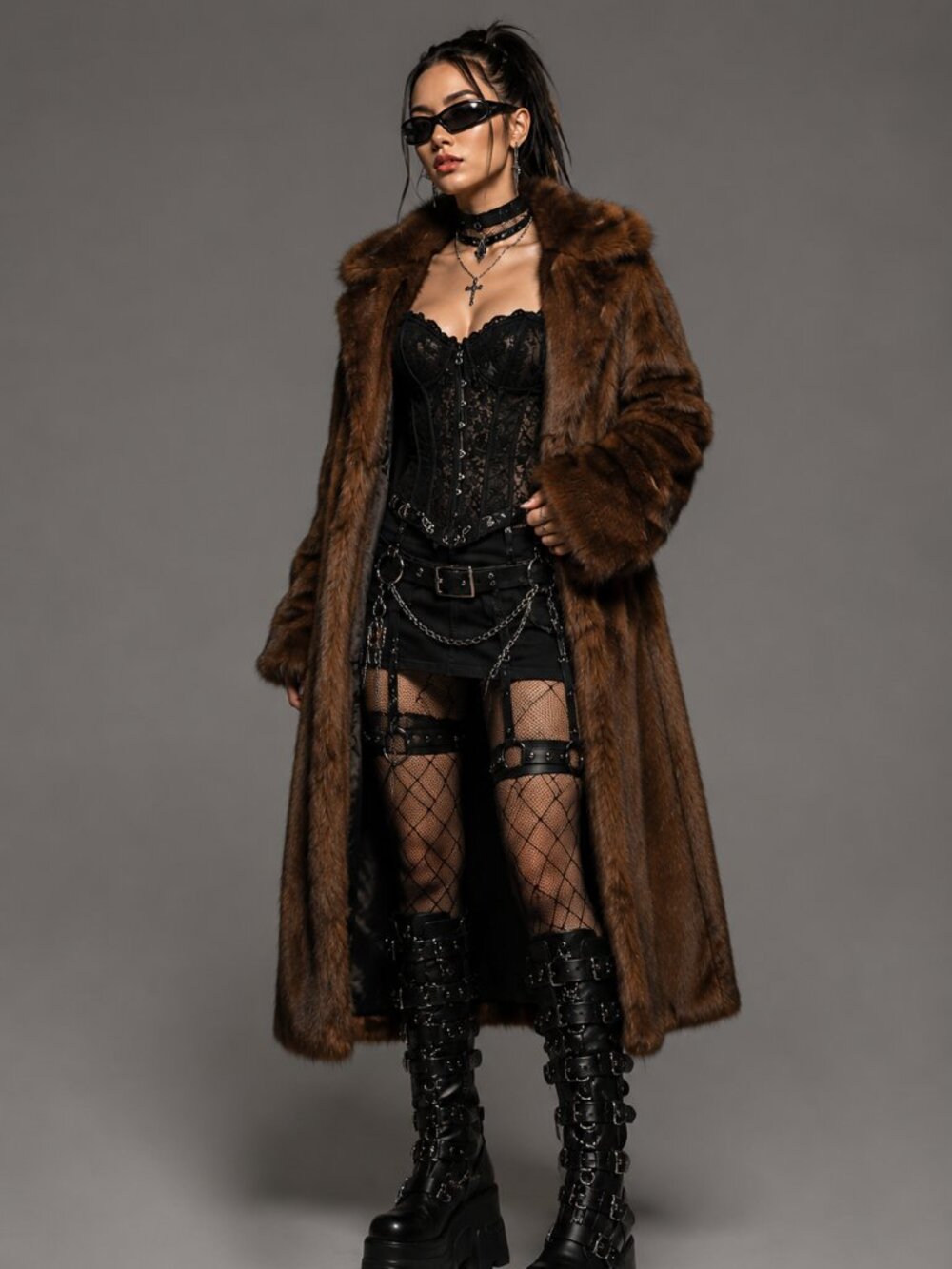 Brown Faux Fur Coat with Hoodie